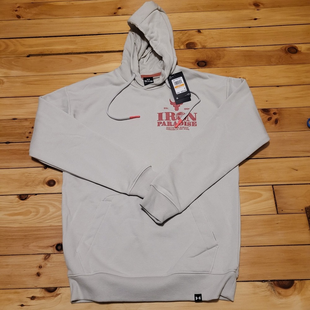 Under Armour Project Rock Sweatshirt Mens Small Beige Lined Graphic Logo Hoodie